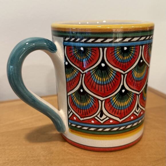 Sberna Deruta Italian Ceramic Mug Geometric Peacock Red Hand Made Pottery Mug - Picture 3 of 7